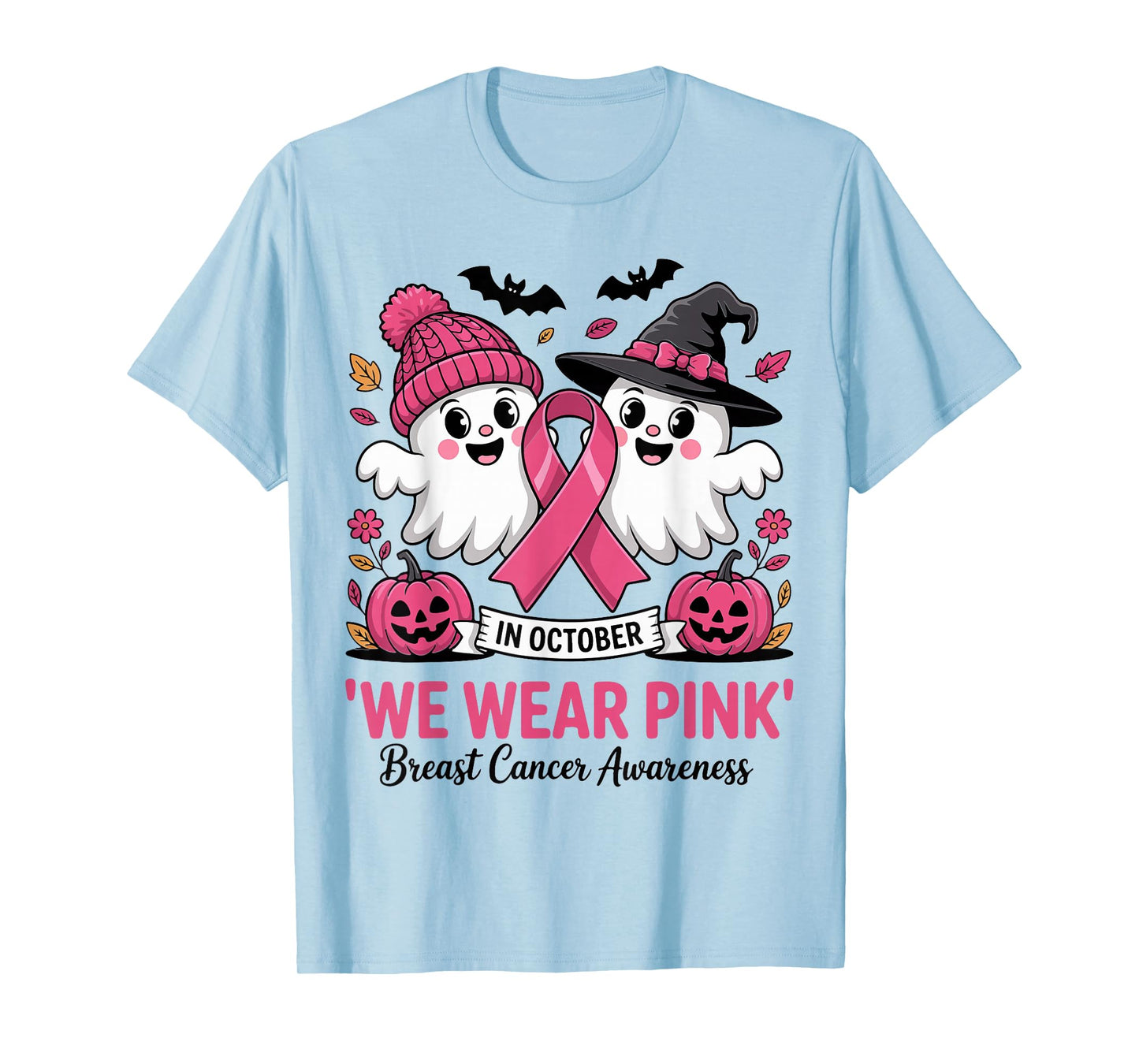 in October We Wear Pink Ghost Witch Breast Cancer Awareness T-Shirt