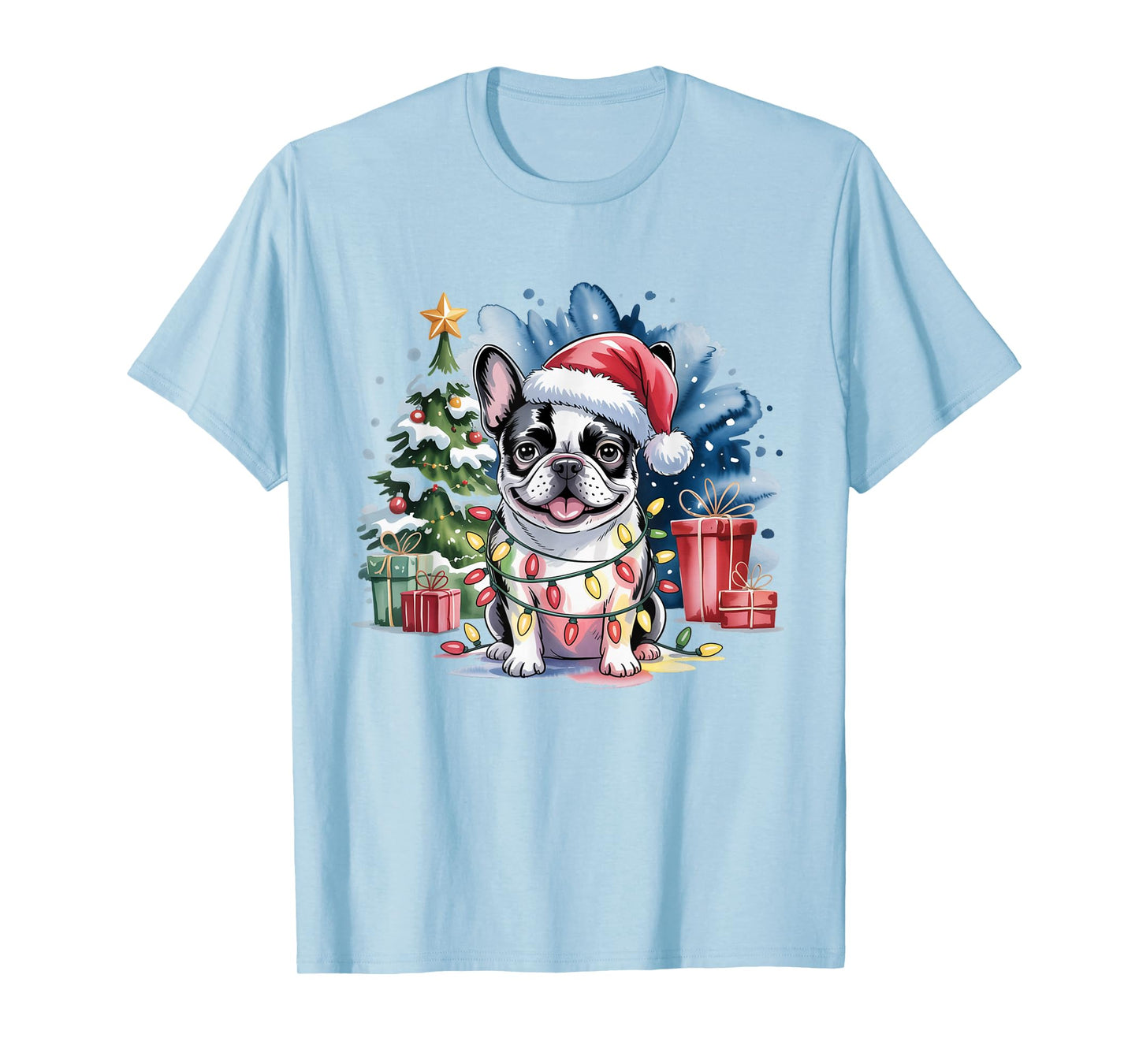 Cute Festive French Bulldog Christmas Santa Hat and Lights T-Shirt