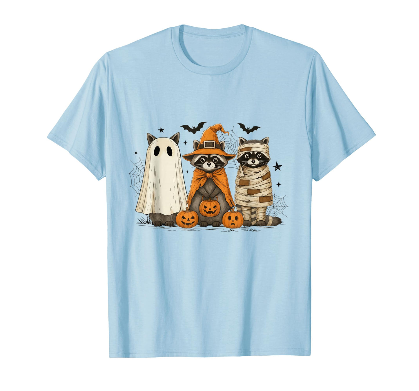 Retro Raccoon Witch Scary Halloween Pumpkin Men Women Kids T-Shirt