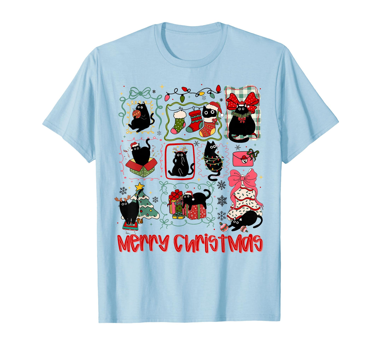 Merry Christmas Black Cat Coquette Bow Xmas Light Girl Women T-Shirt