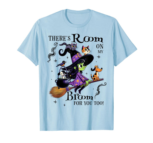 Cute Witch Halloween Broom Flying Cat Dog Spooky Season T-Shirt
