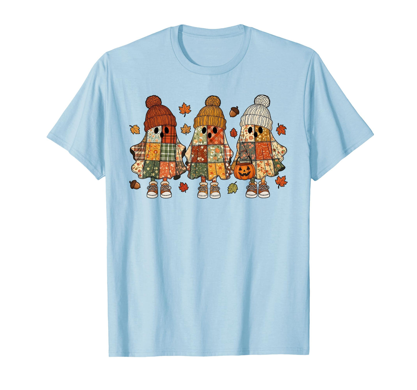 Patchwork Ghost Cozy Fall Halloween, Boho Floral Pumpkin T-Shirt