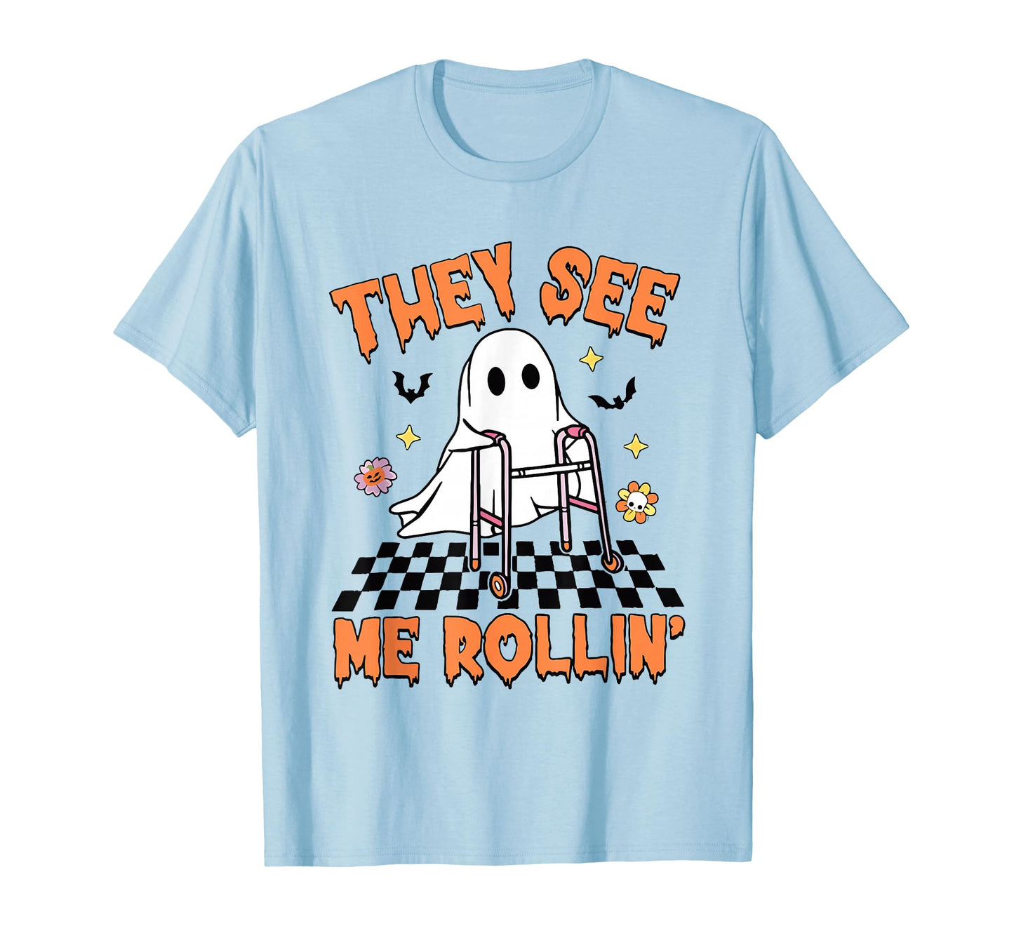 They See Me Rollin' Halloween Checkered Floral Ghost Therapy T-Shirt