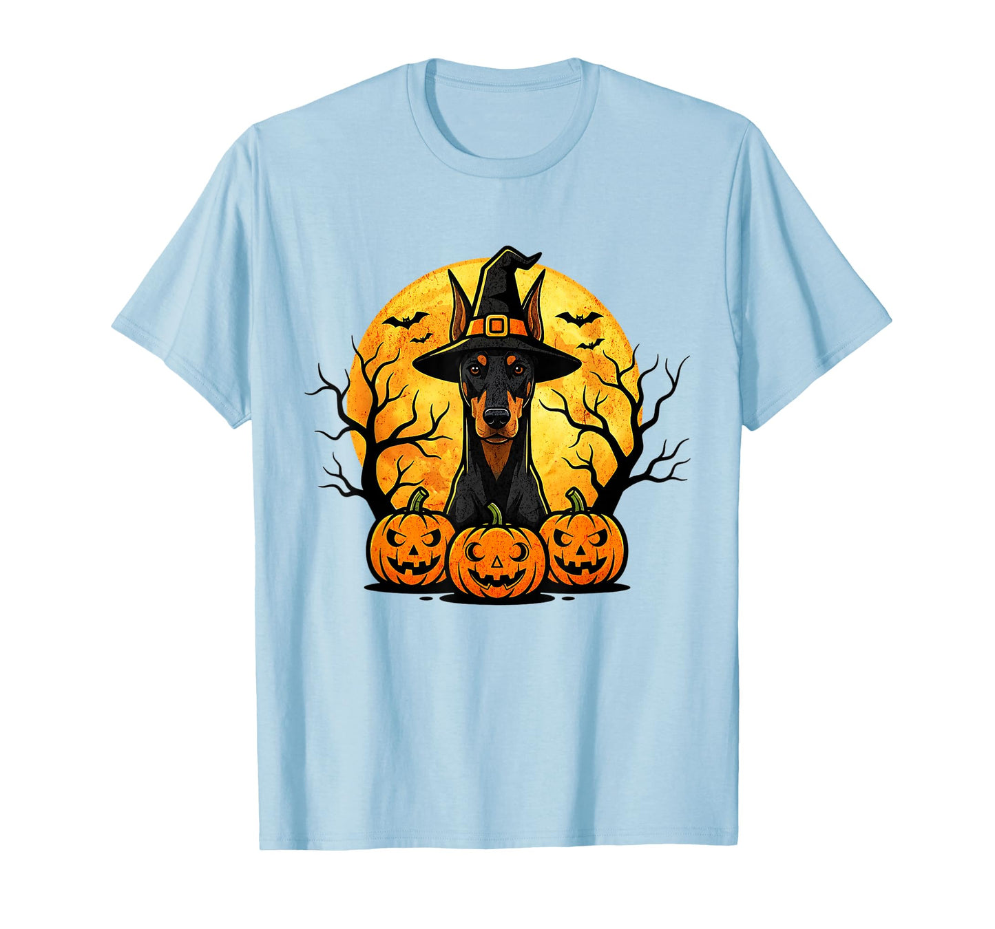 Spooky Doberman in Witch Hat Halloween Pumpkins Bats T-Shirt