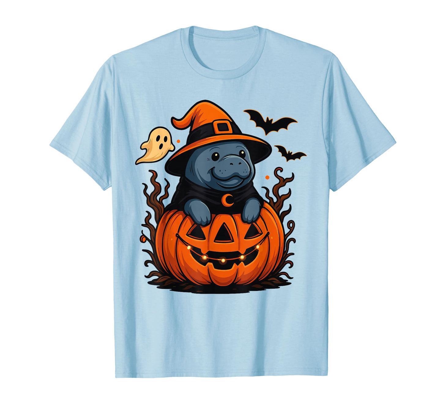 Manatee Witch Hat Pumpkin Halloween Spooky Season T-Shirt