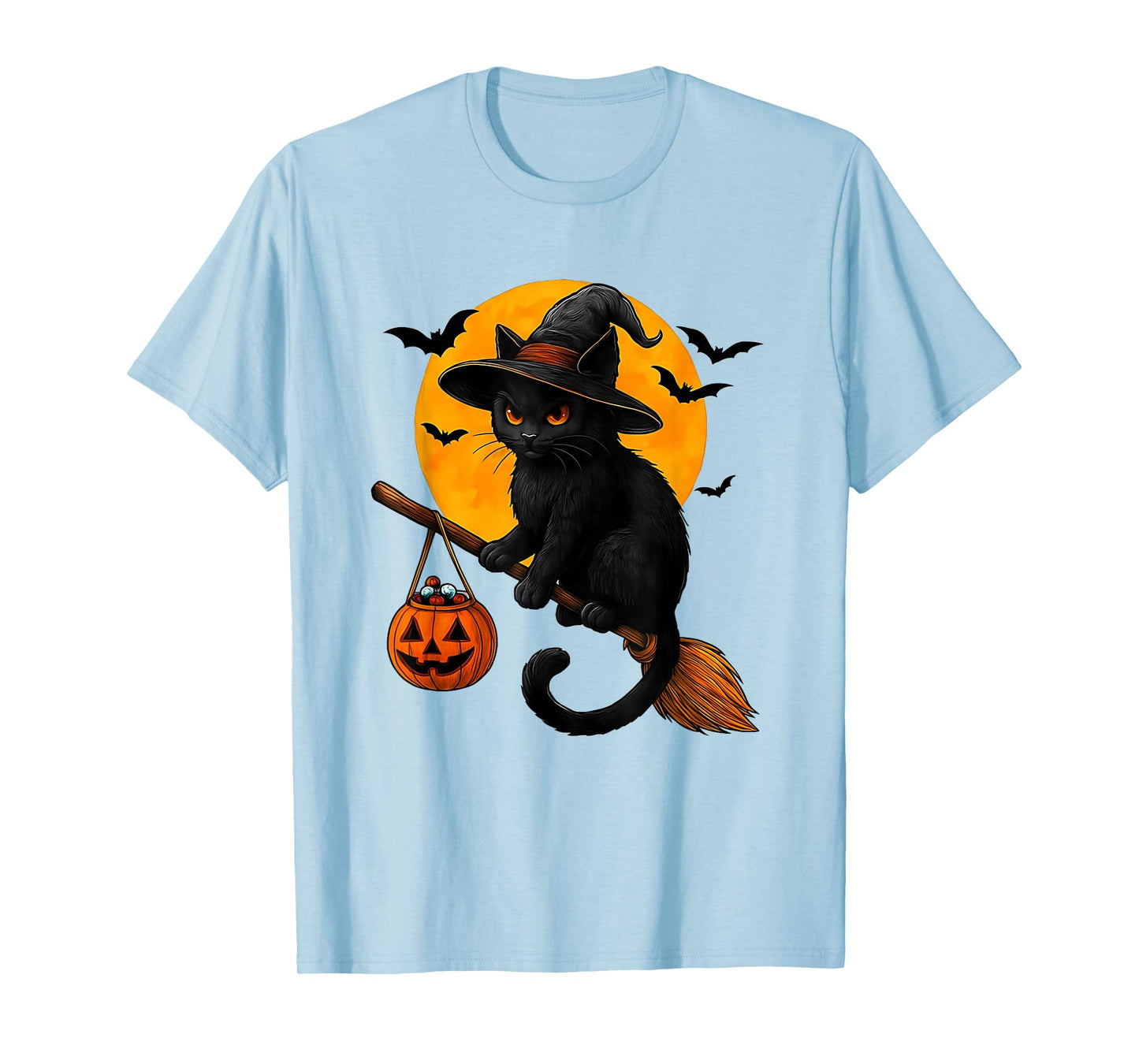 Scary Vintage Black Cat with Witch Hat Full Moon - Halloween T-Shirt