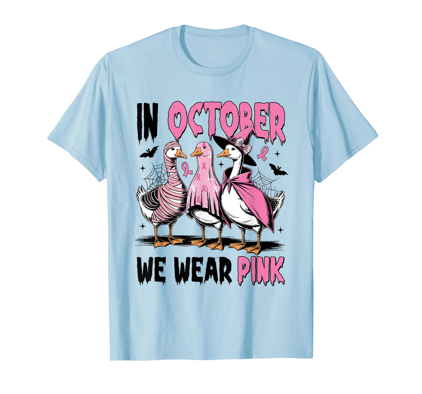in October We Wear Pink Breast Cancer Halloween Silly Goose T-Shirt