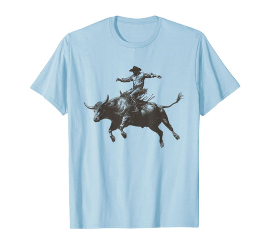 Vintage Cowboy Festival Country Music Concert Grey Cowboy Riding Bull T-Shirt - Unisex-Adults & Kids - Short Sleeve - Classic Fit - Crew Neck - Small
