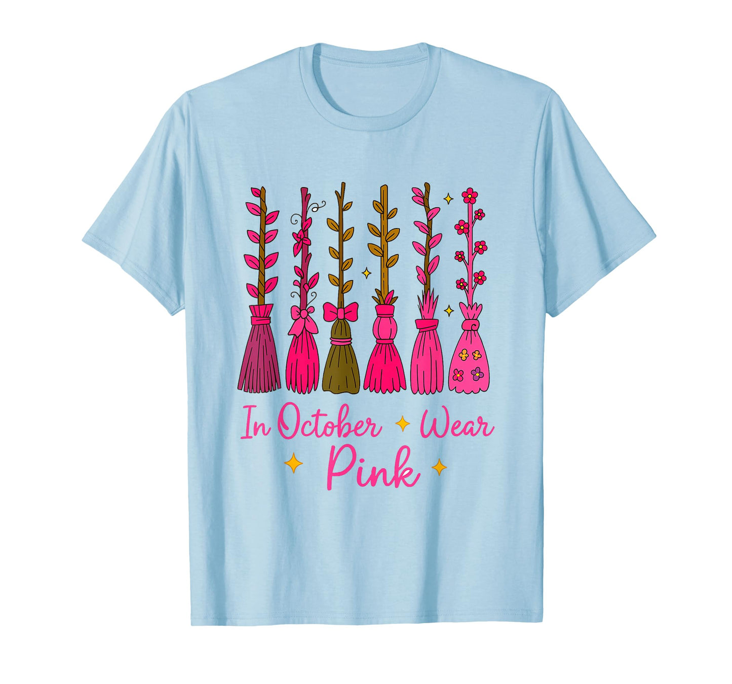 in October We Wear Pink Broom Witch Breast Cancer Awareness T-Shirt