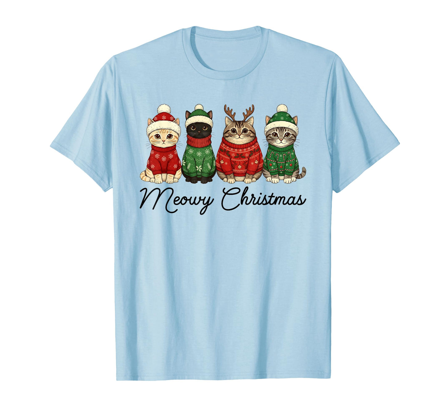 Meowy Christmas Cats Santa Hat Cat Reindeer Family Pajamas T-Shirt