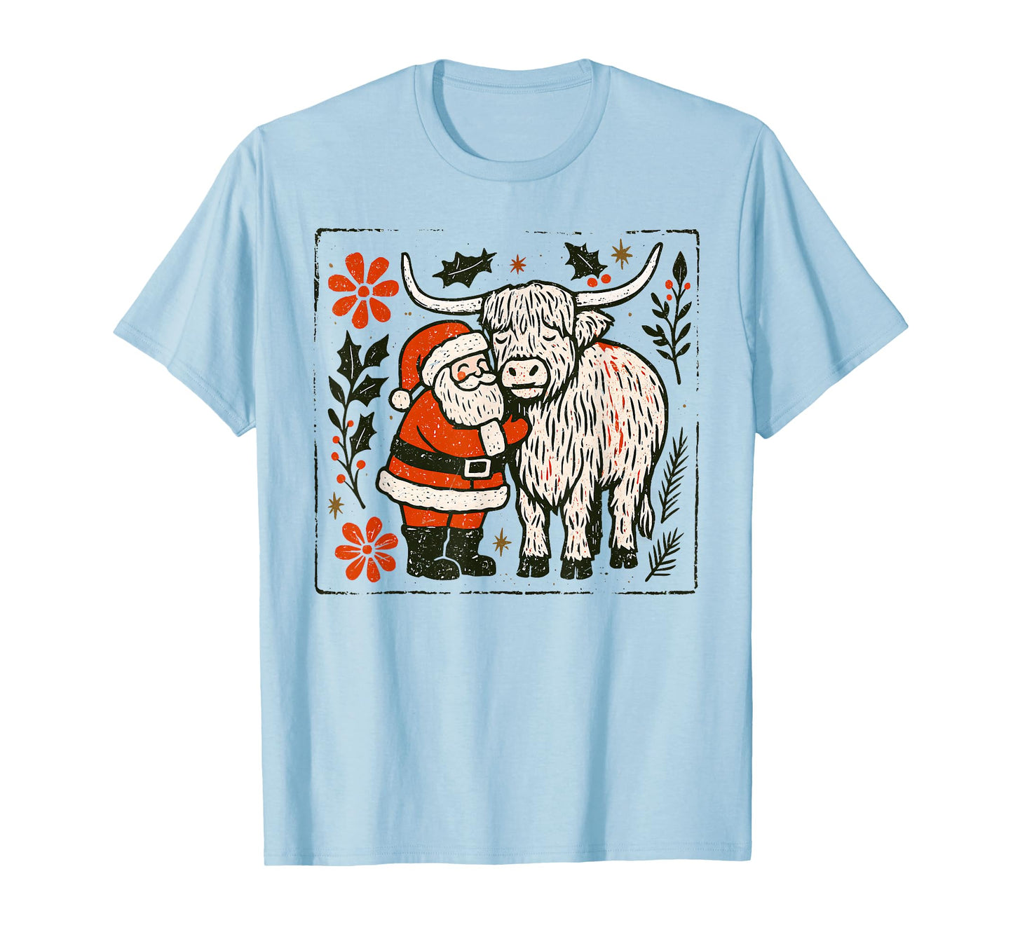 Vintage Highland Cow Santa Christmas Cowgirl Boho Floral T-Shirt