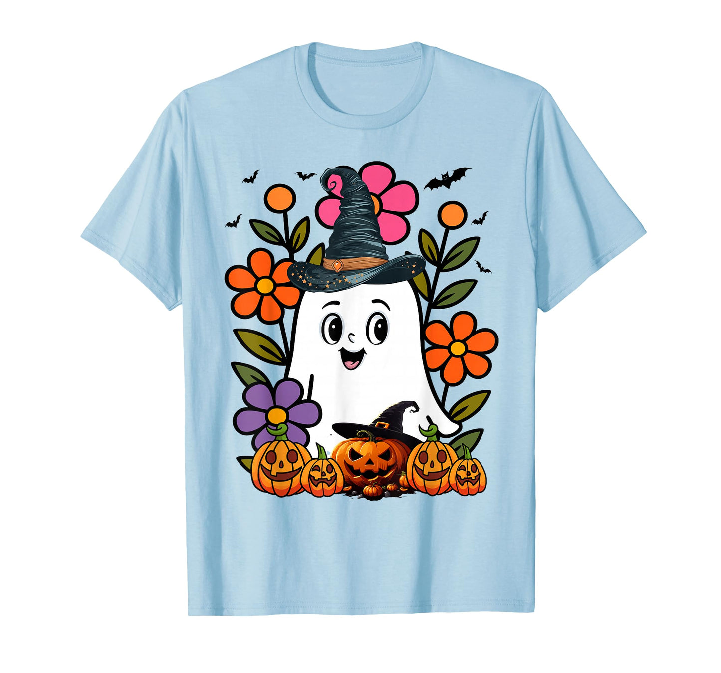 Funny Floral Ghost with Vintage Pumpkin Fall Halloween T-Shirt