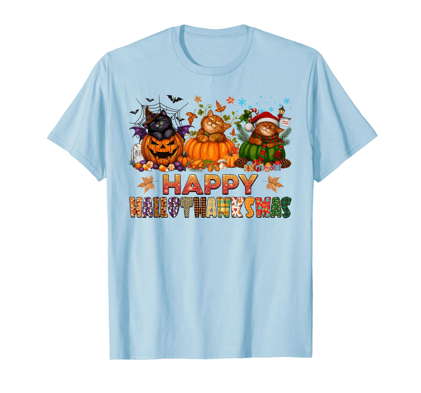 Happy Hallothanksmas Cats Halloween Thanksgiving Christmas T-Shirt