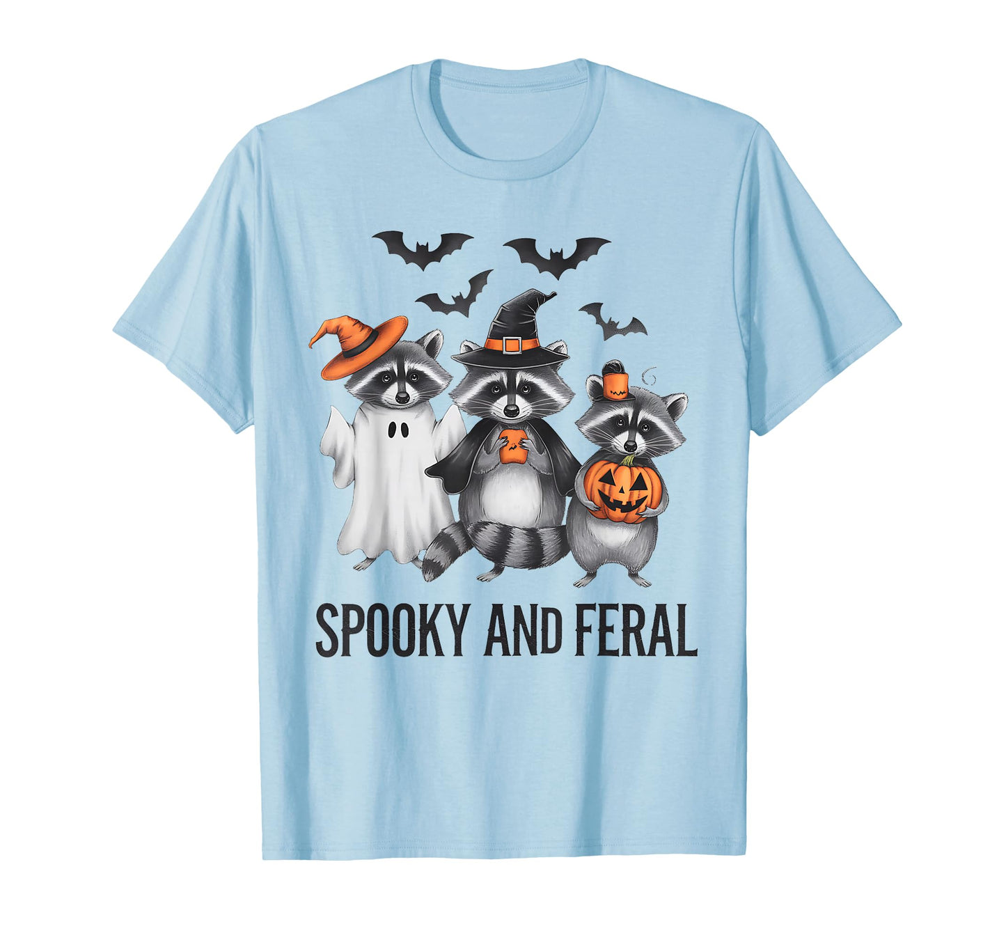 Funny Raccoon Halloween Spooky and Feral Ghost Witch Pumpkin T-Shirt