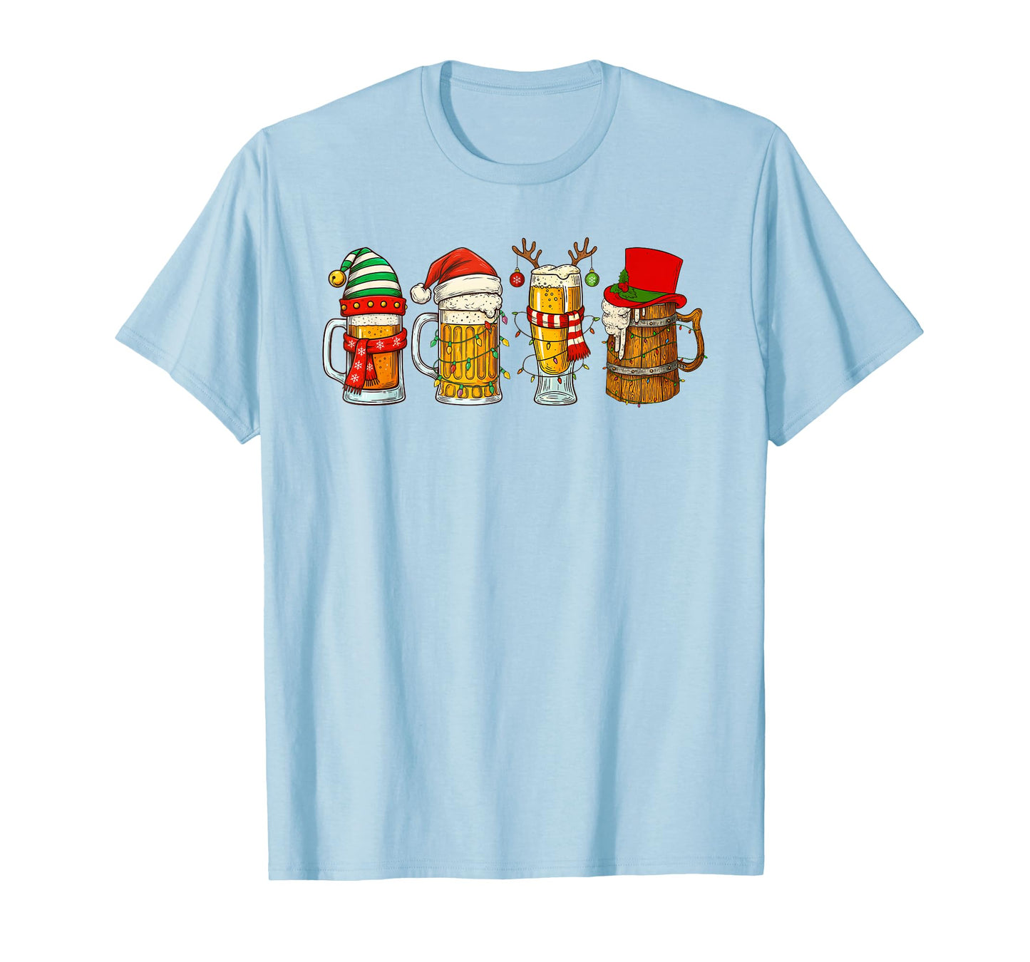 Christmas Beer Mugs Santa Reinbeer Lights Funny Drinking T-Shirt