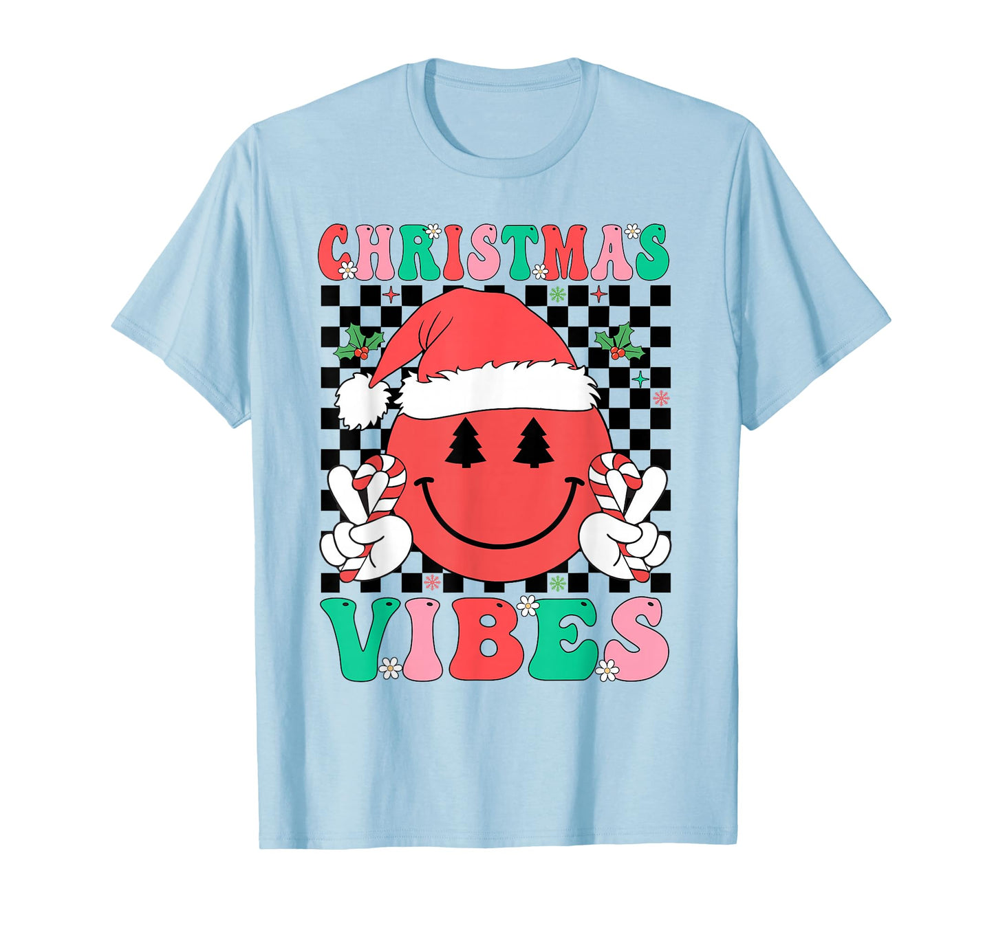 Groovy Christmas Vibes Smile Face Santa Hat Xmas Girls Women T-Shirt