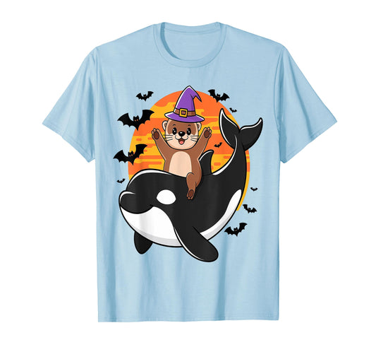 Spooky Sea Adventure Witchy Otter Riding Orca Halloween Kids T-Shirt