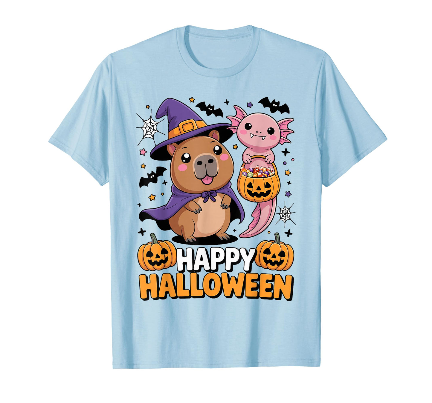 Cute Capybara and Axolotl Happy Halloween Kids T-Shirt