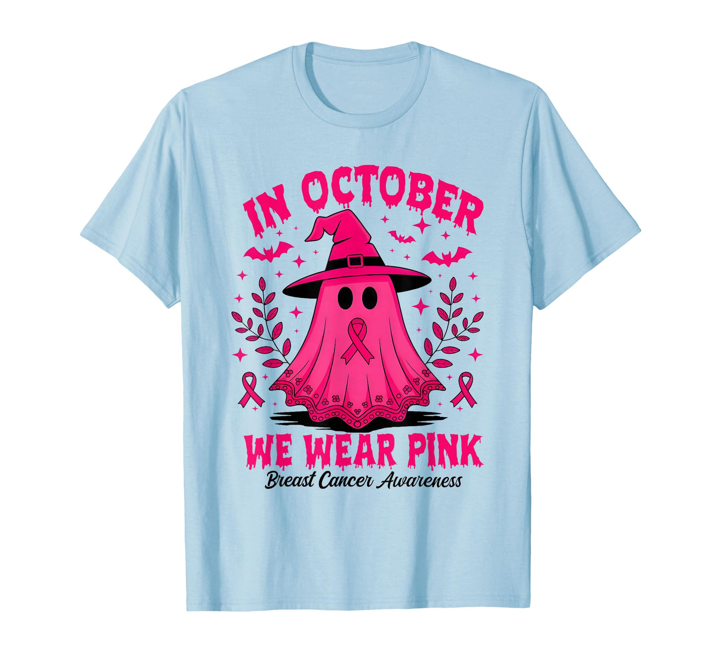 in October We Wear Pink Ghost Witch Breast Cancer Awareness T-Shirt