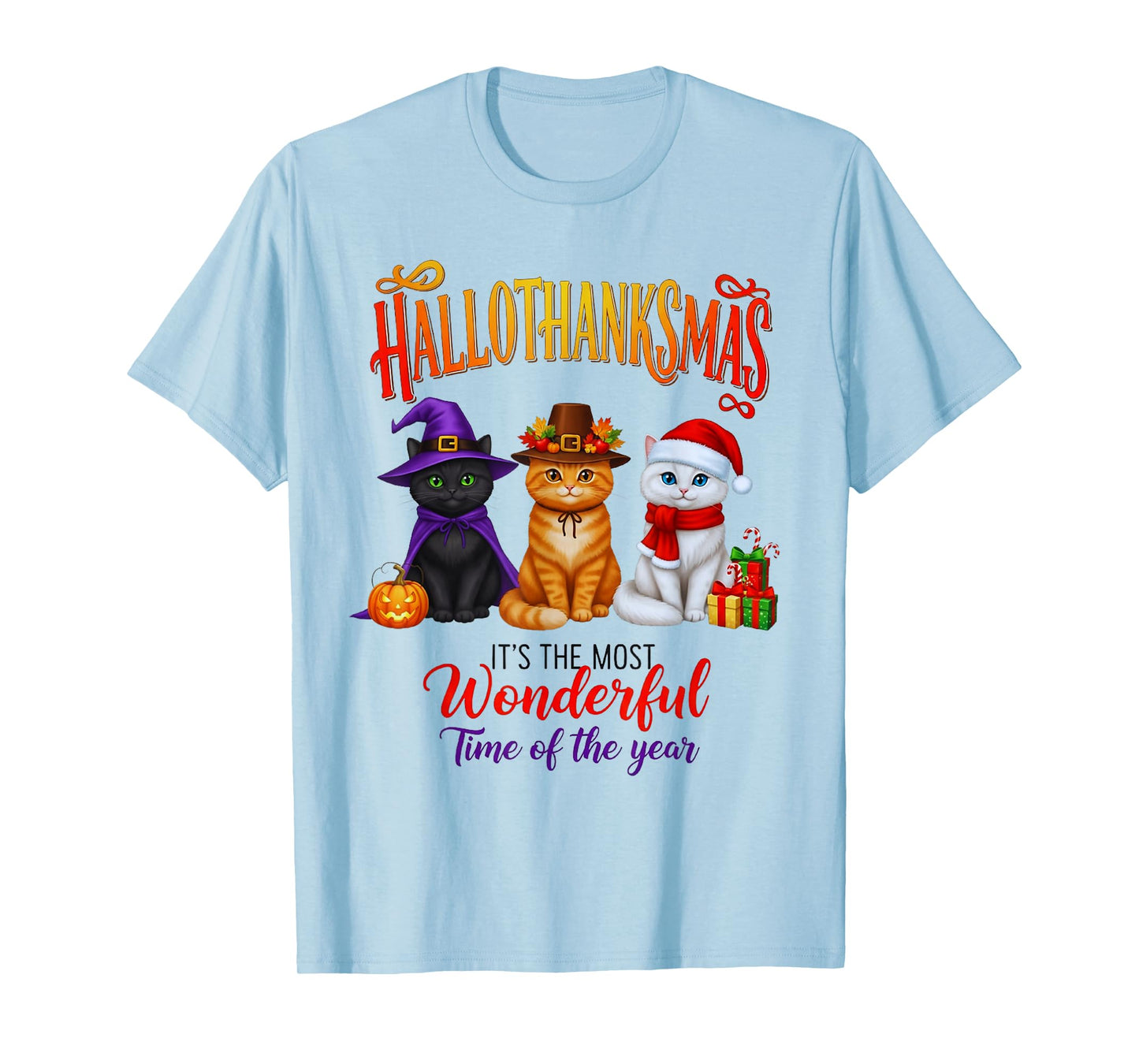 Halloween Thanksgiving Christmas Happy HalloThanksMas Cats T-Shirt