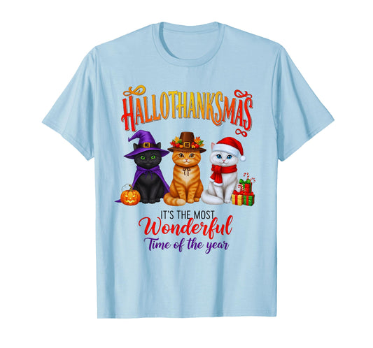 Halloween Thanksgiving Christmas Happy HalloThanksMas Cats T-Shirt