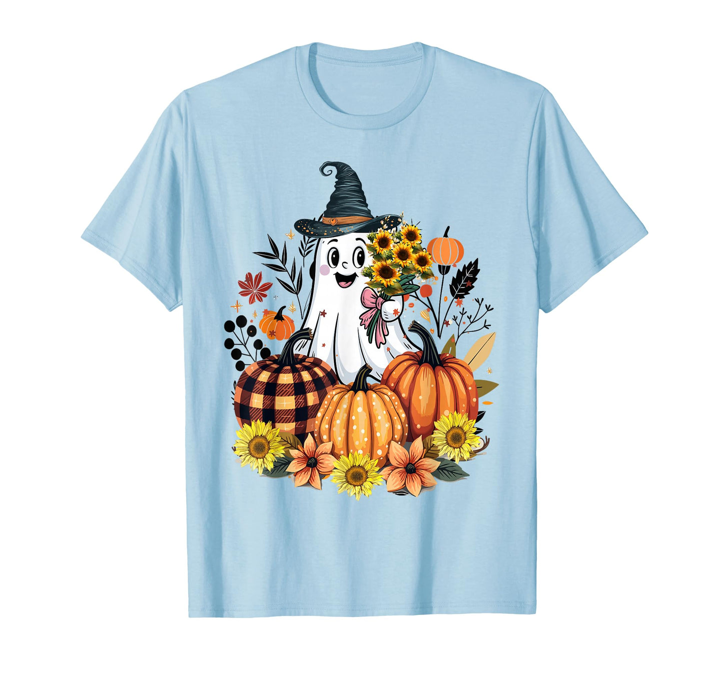 Funny Floral Ghost with Vintage Pumpkin Fall Halloween T-Shirt