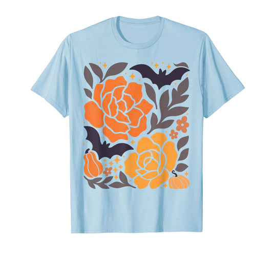 Halloween Floral Pumpkin Bat Retro Fall Autumn Graphic Top T-Shirt