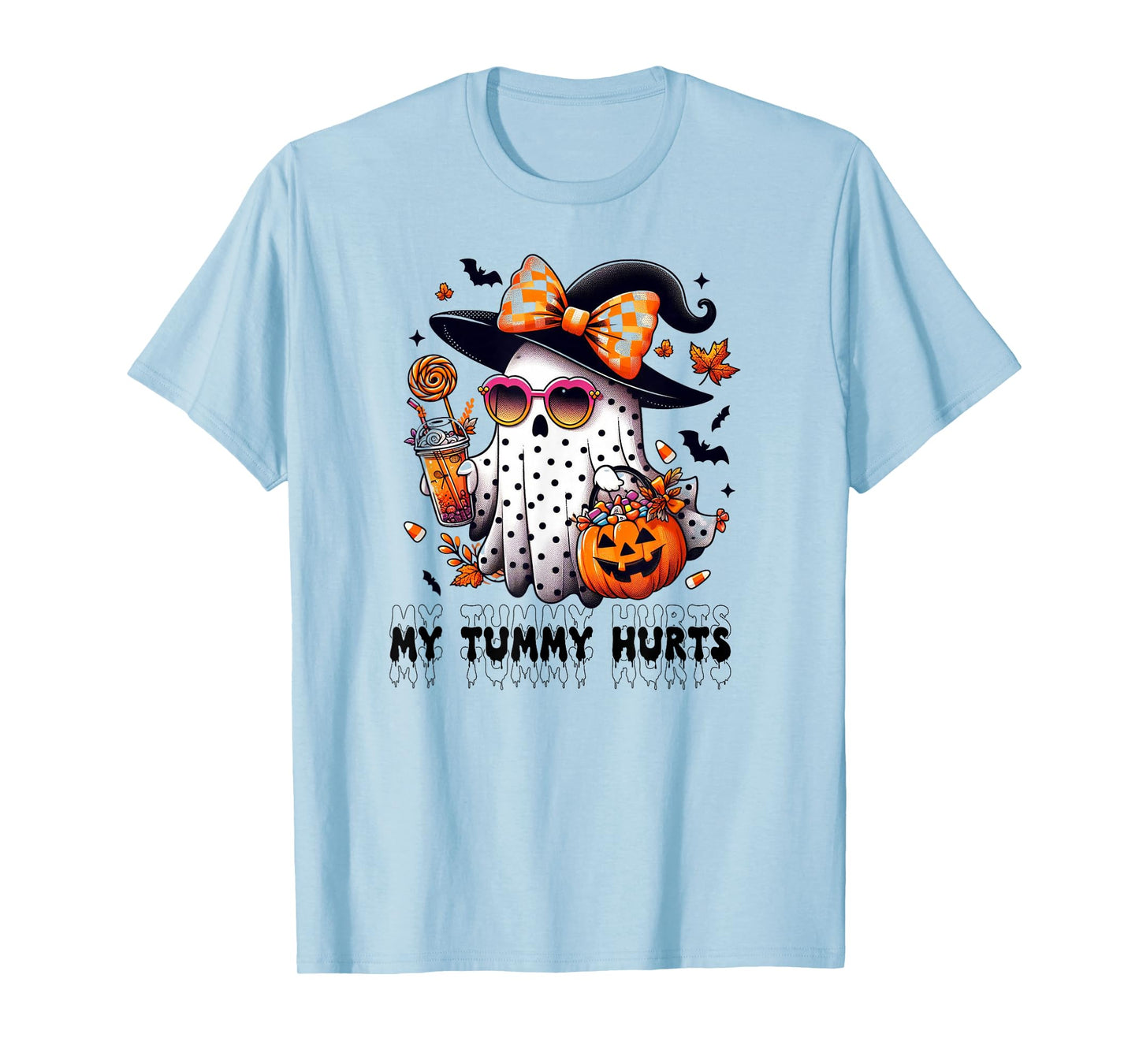 Funny My Tummy Hurts Cute Pink Ghost Boujee Halloween Coffee T-Shirt