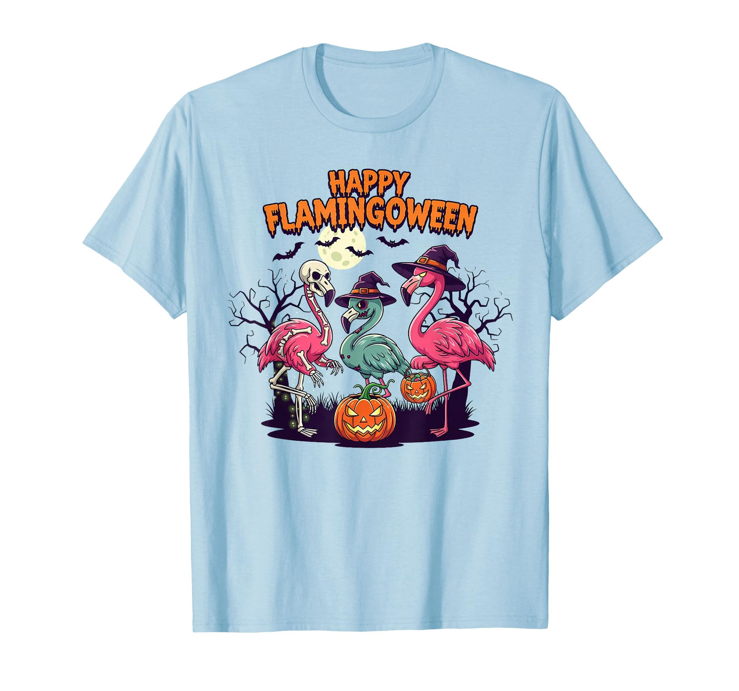 Happy Flamingoween Funny Flamingo Halloween Zombie Skeleton T-Shirt