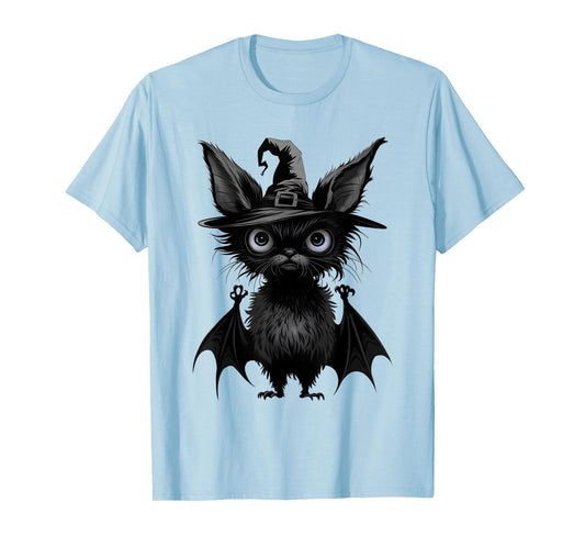 Cute Bat Wearing Witch Hat Trying to Be Scary Halloween Bat T-Shirt