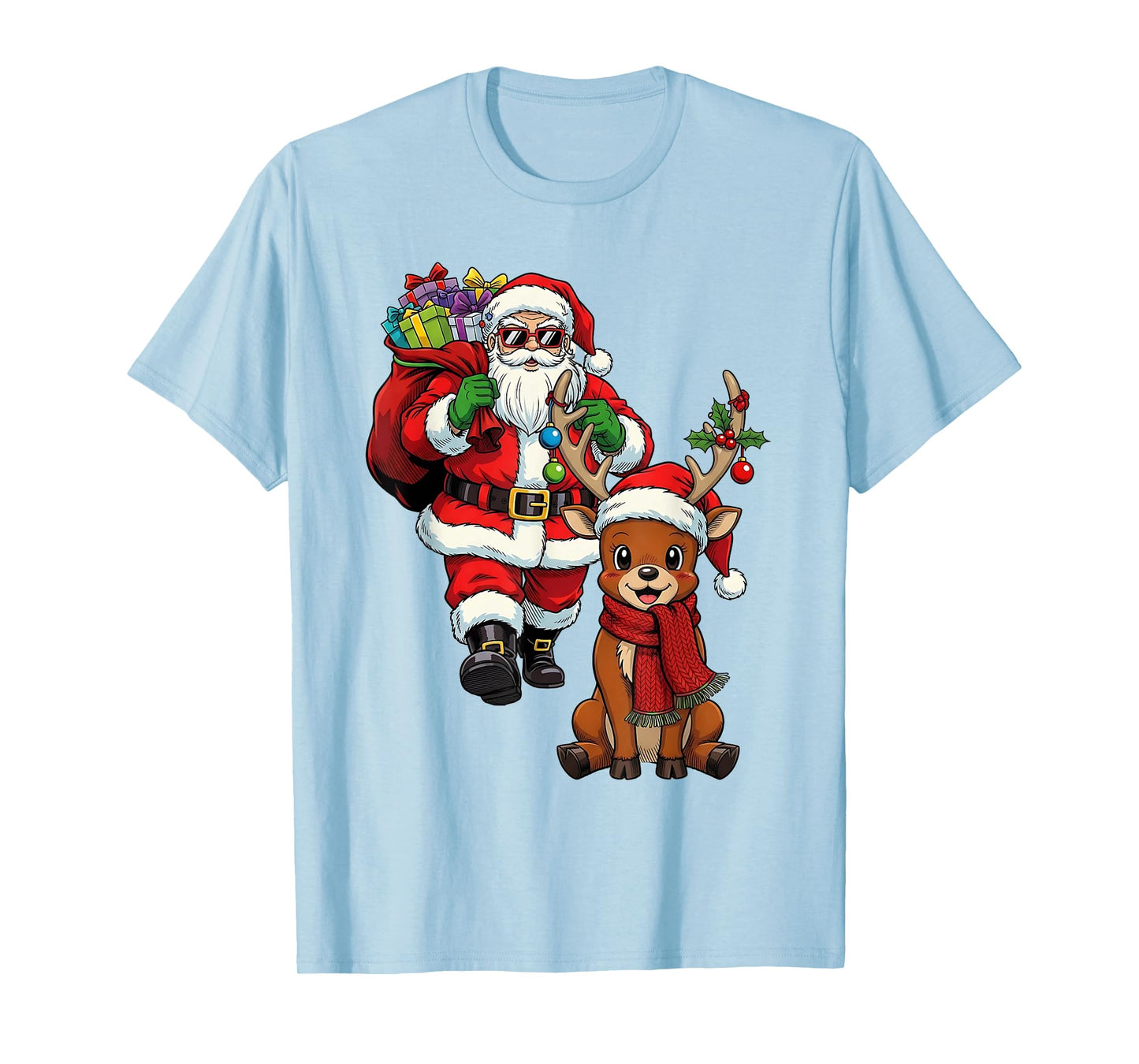 Santa Claus with Reindeer and Gifts Cool Christmas T-Shirt