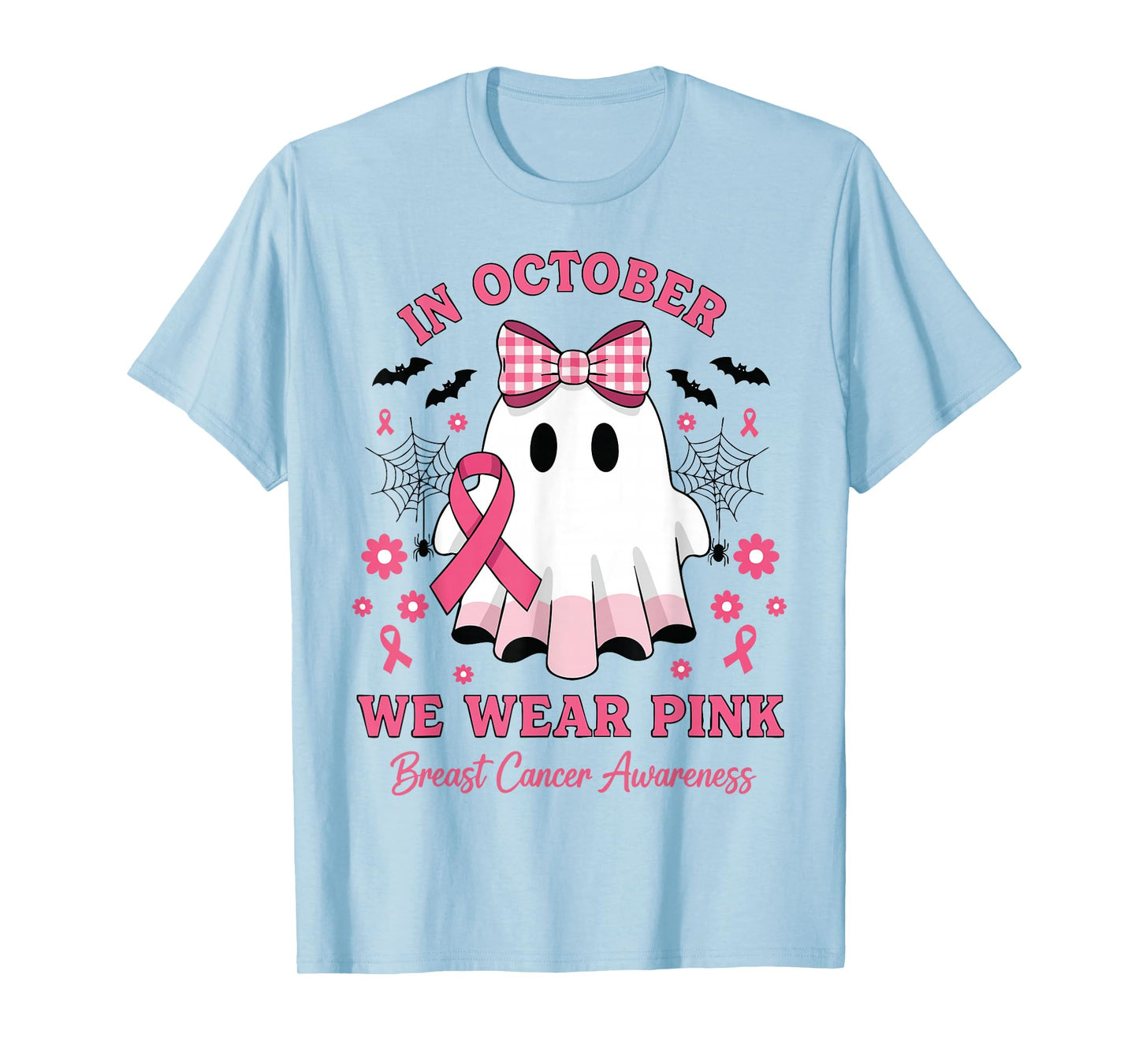 in October We Wear Pink Ghost Witch Breast Cancer Awareness T-Shirt