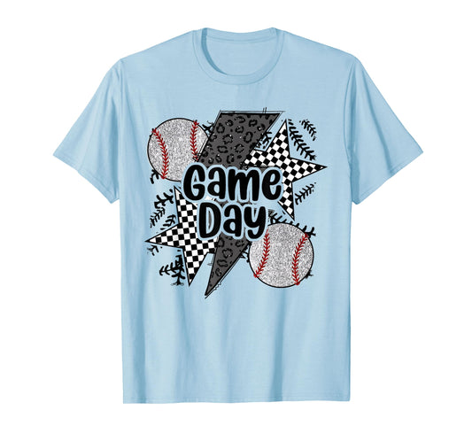 Retro Baseball Game Day Checkered Leopard Baseball Mama Mom T-Shirt