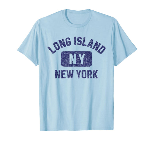 Long Island NY Gym Style Distressed Dark Blue Print T-Shirt