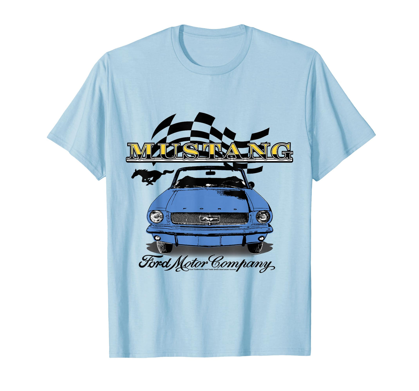 Ford - Vintage Blue Mustang Convertible Car Checkered Flag T-Shirt