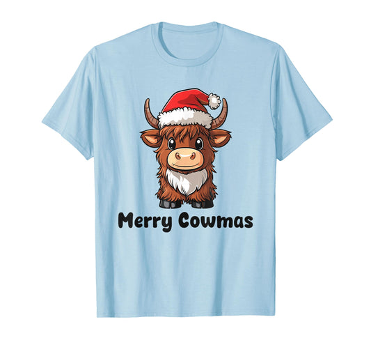 Merry Cowmas Pun Christmas Cute Highland Cow in Santa Hat T-Shirt