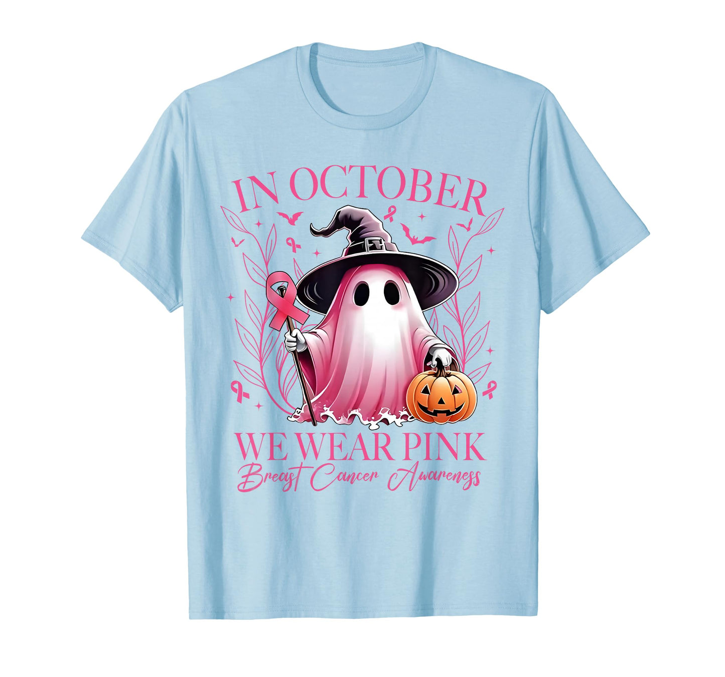 in October We Wear Pink Ghost Witch Breast Cancer Awareness T-Shirt