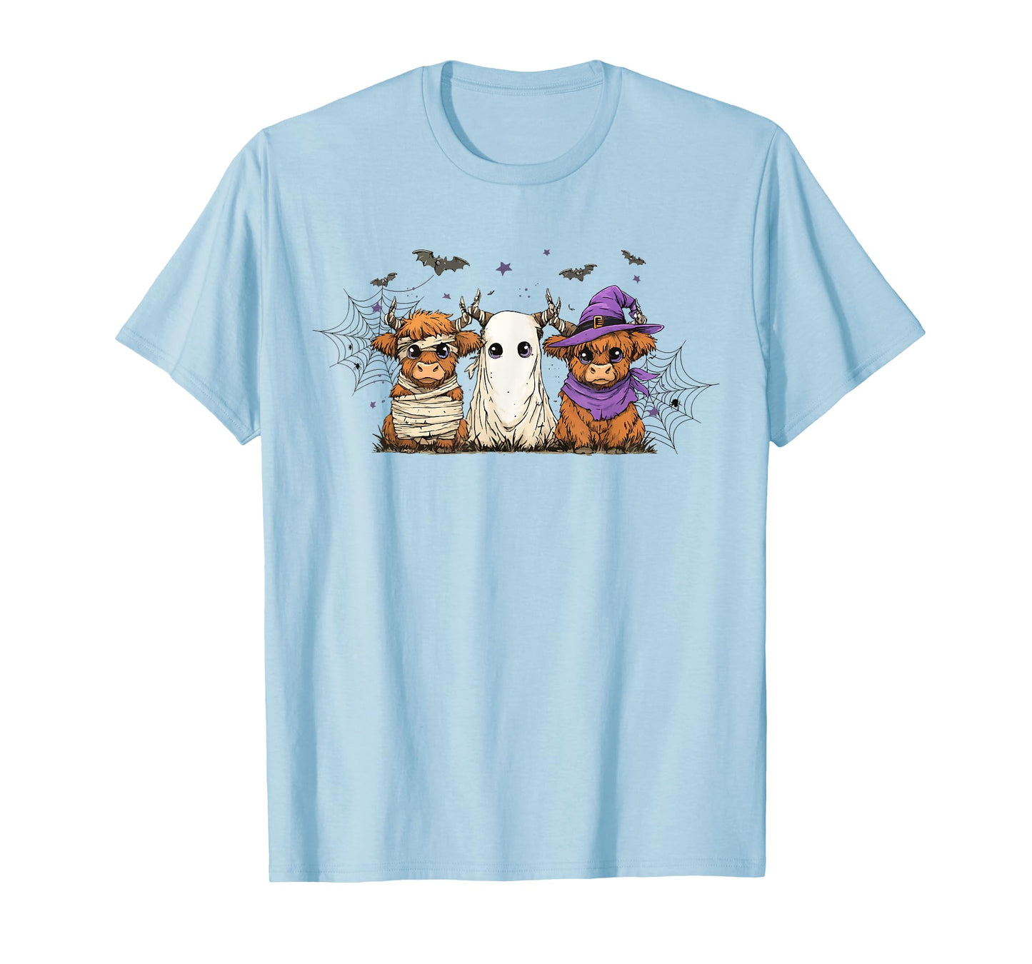 Halloween Highland Cow Trio Ghost Witch Mummy Bat Spider T-Shirt