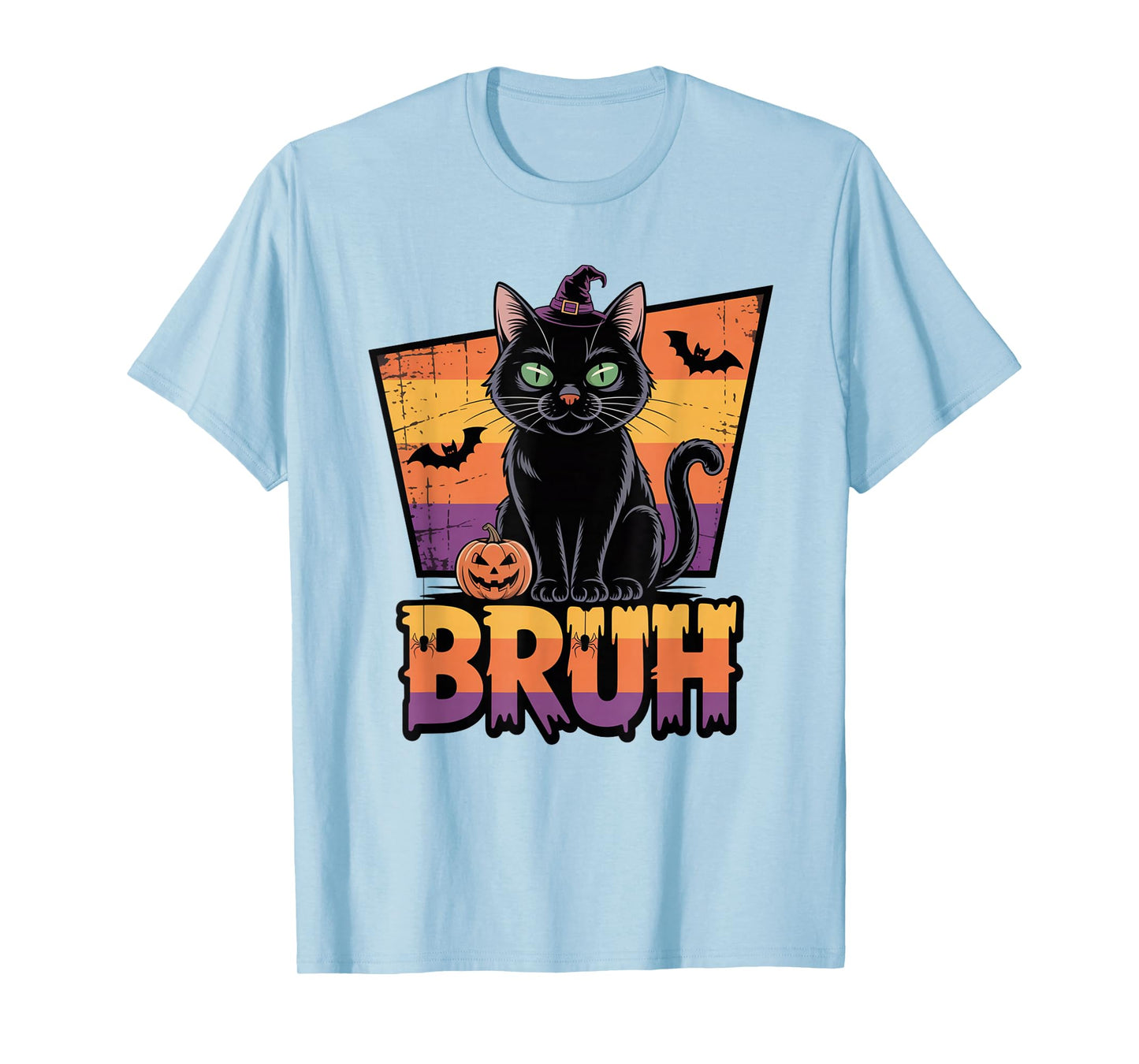 Bruh Black Cat Witch Hat Pumpkin Halloween Spooky Trend Tee T-Shirt