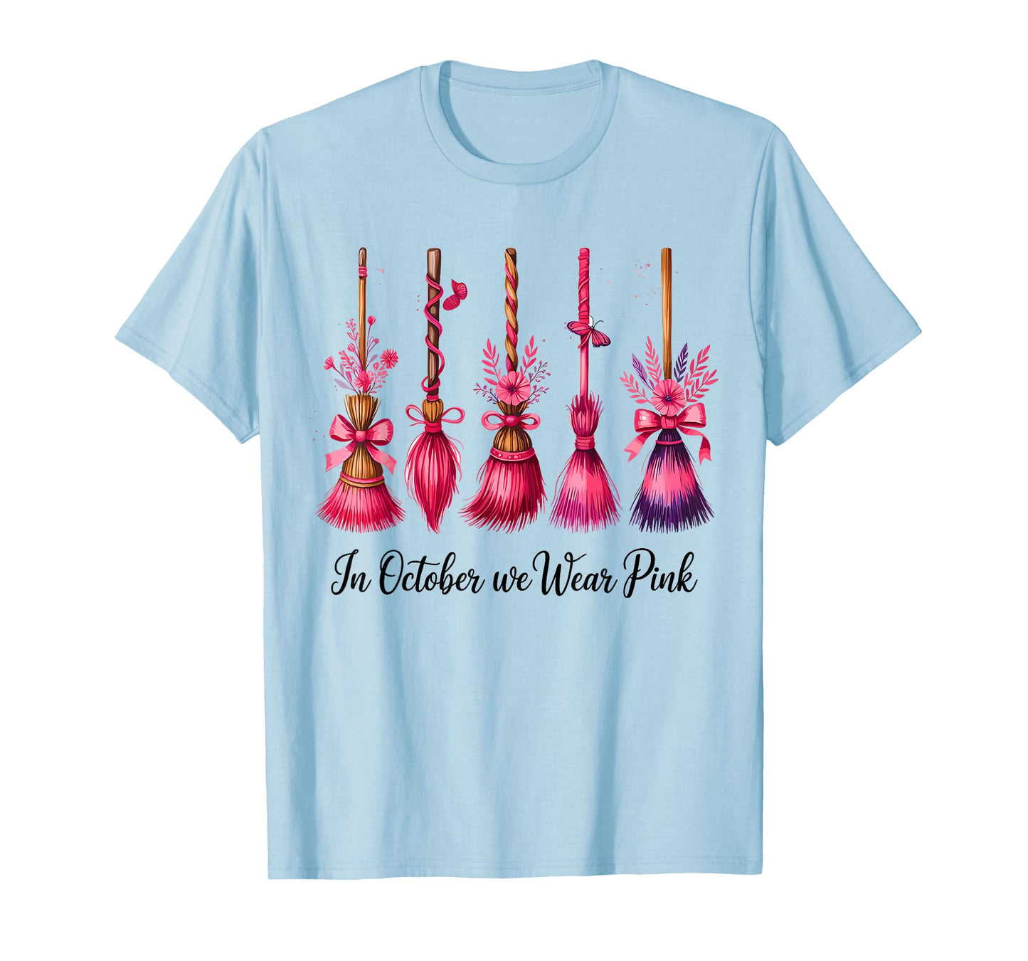 in October We Wear Pink Witch Brooms Halloween Breast Cancer T-Shirt