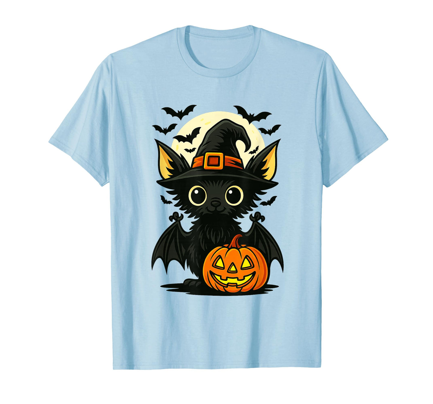 Cute Bat Wearing Witch Hat with Moon and Bats Halloween Bat T-Shirt
