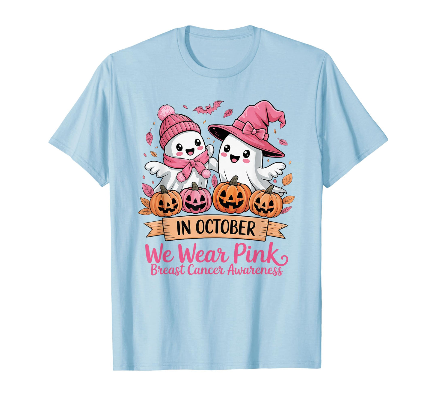 in October We Wear Pink Ghost Witch Breast Cancer Awareness T-Shirt