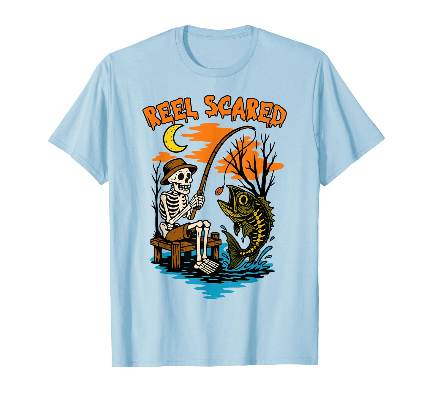 Vintage Reel Halloween Scared Fishing Skeleton Fisherman T-Shirt