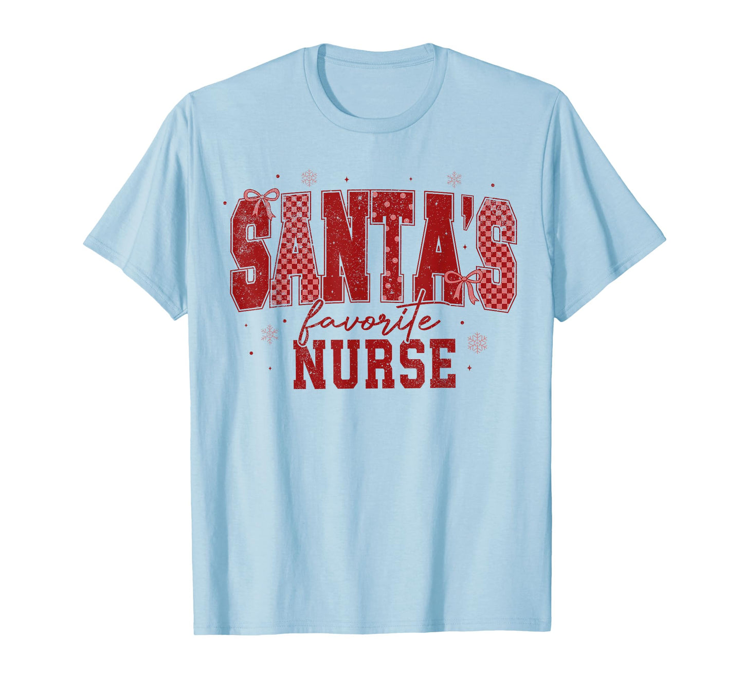 Retro Santas Favorite Nurse Checkered Coquette Bow Christmas T-Shirt