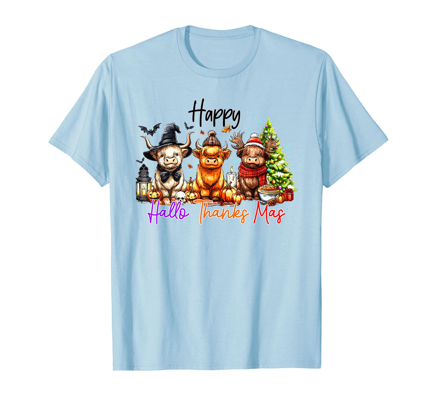 Happy Hallothanksmas Highland Cow Halloween Merry Christmas T-Shirt