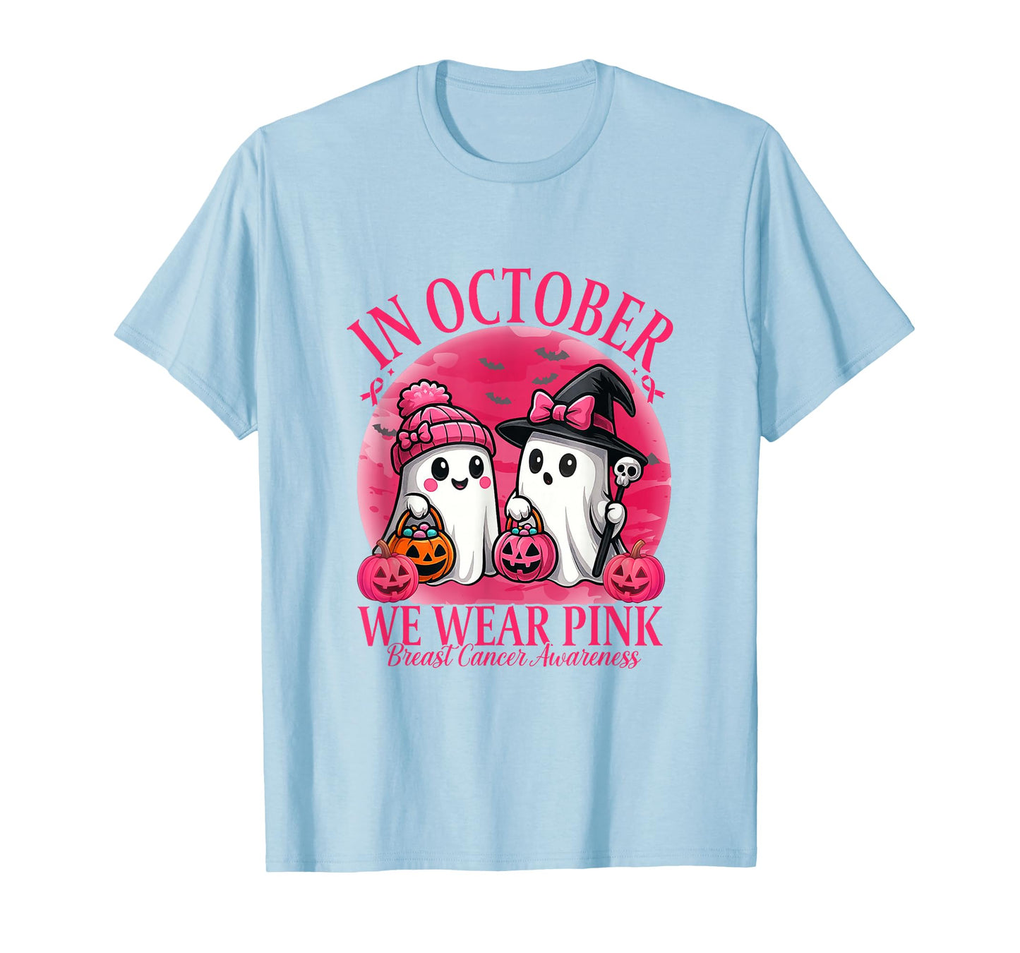 in October We Wear Pink Ghost Witch Breast Cancer Awareness T-Shirt