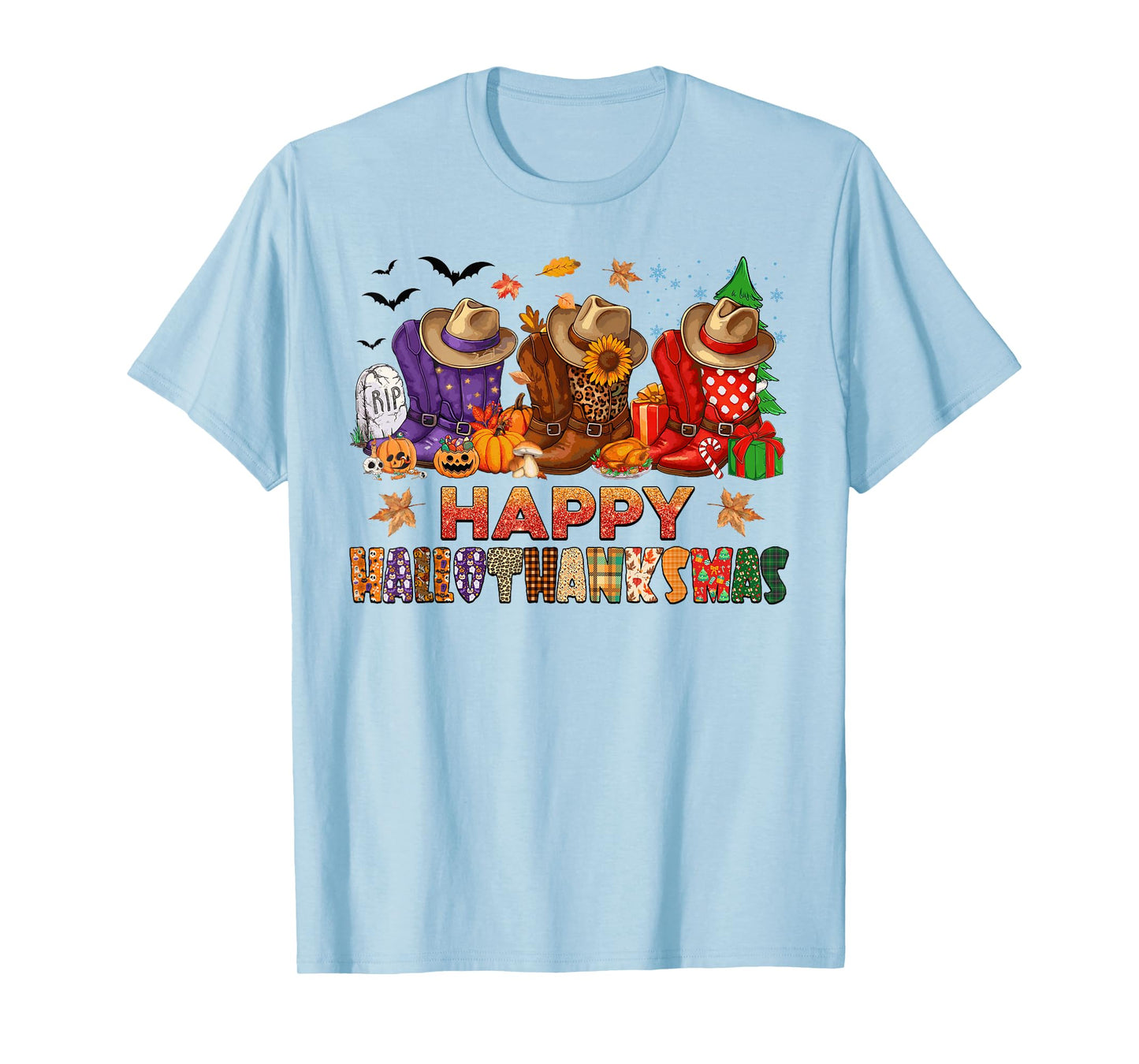 Happy Hallothanksmas Cowboy Boots Halloween Thanksgiving T-Shirt