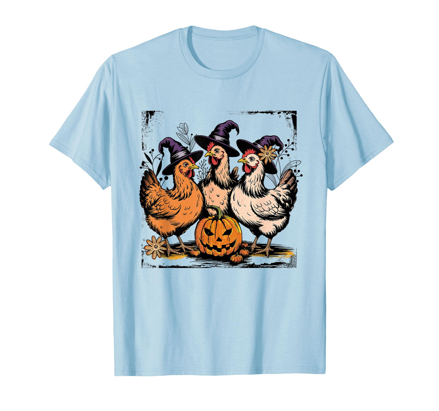 Retro Chicken Witch Pumpkin Flowers Funny Halloween T-Shirt