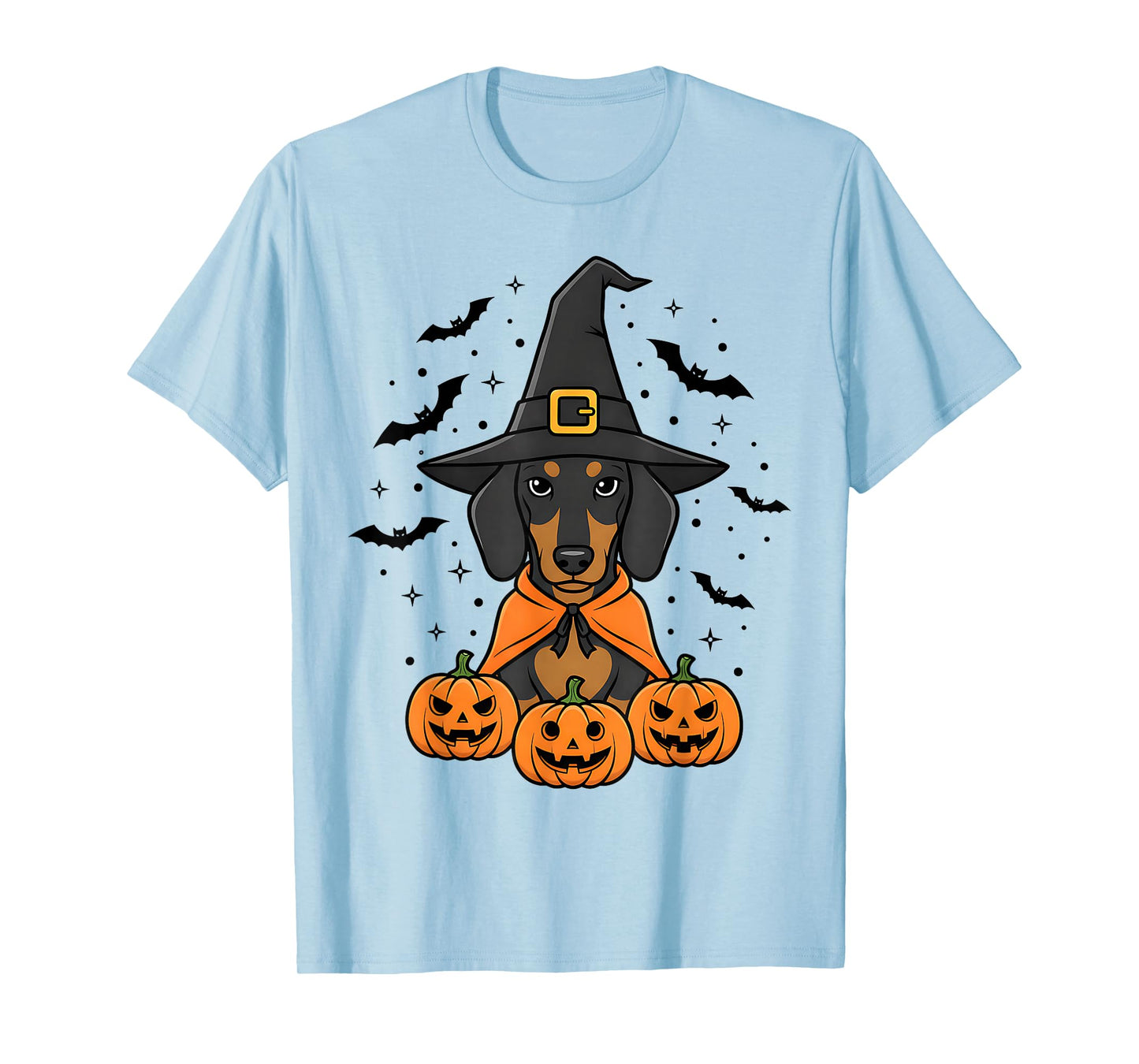 Halloween Dachshund Dog in Witch Hat with Pumpkins and Bats T-Shirt