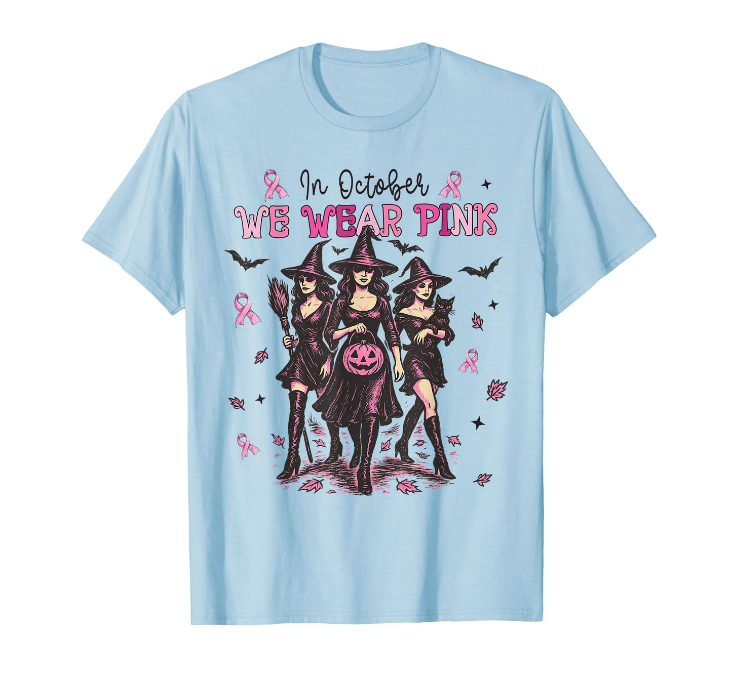in October We Wear Pink Witch Halloween Breast Cancer Women T-Shirt